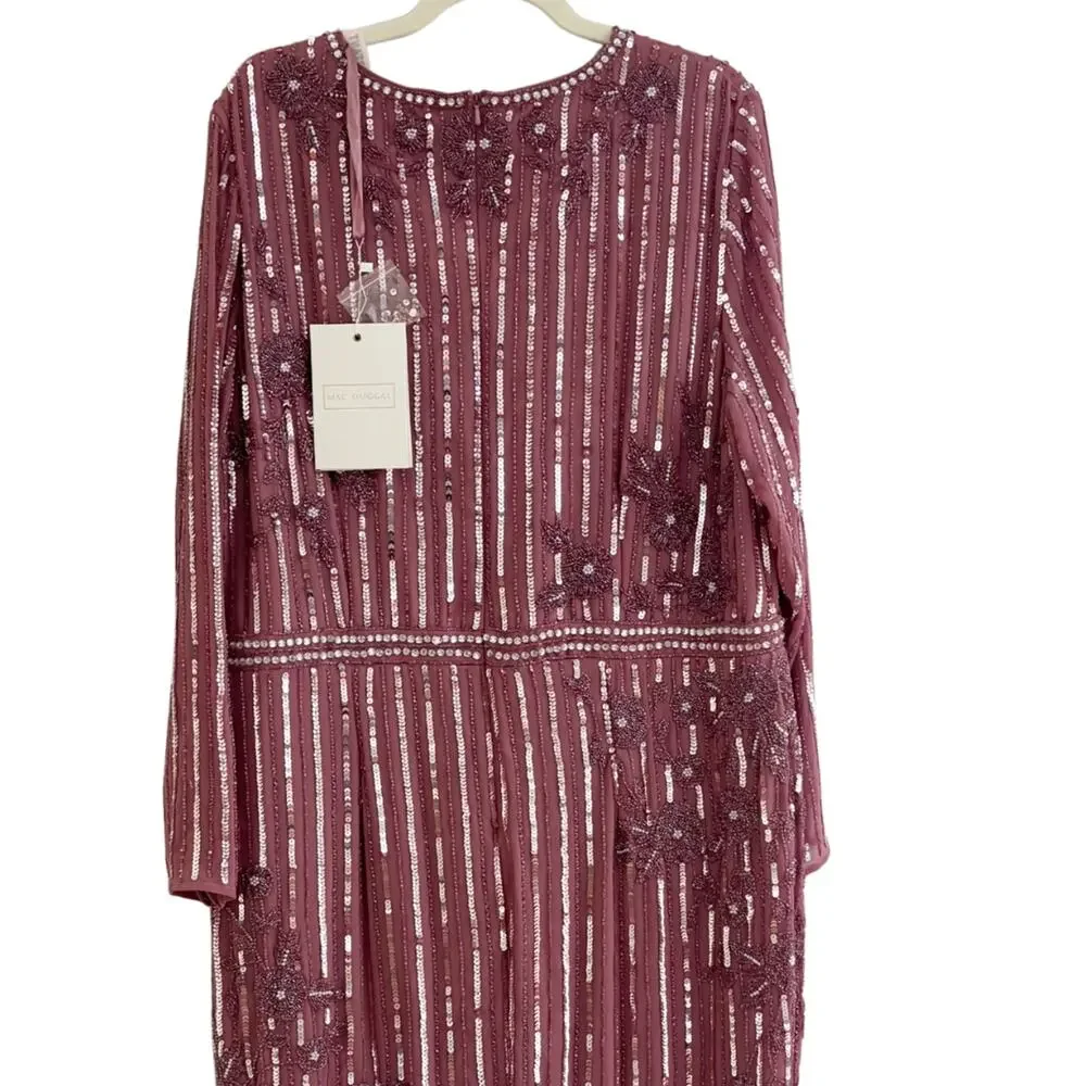 Mac Duggal Long Sleeve Embellished Tea Length Dress 20 Pink NWT Style 93627